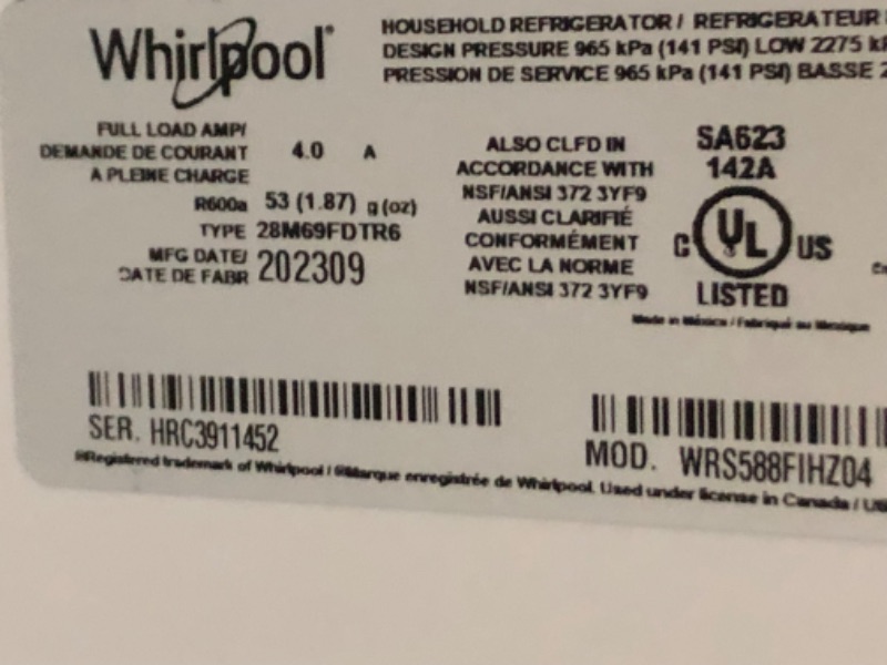 Photo 1 of Whirlpool

36-inch Wide Side-by-Side Refrigerator - 28 cu. ft.