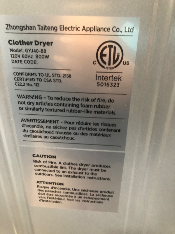 Photo 5 of CTT 2.0 Cu.ft. Electric Portable Compact Clothes Dryer, Laundry Dryer, Mini Dryer, 8.8Lbs, 110V 800W Gray