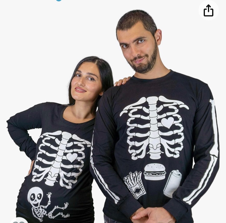 Photo 1 of Halloween Couple Glow in The Dark Long Sleeve Shirts Baby x-ray Maternity tee Men's Food Burger Skeleton Ribcage Shirts