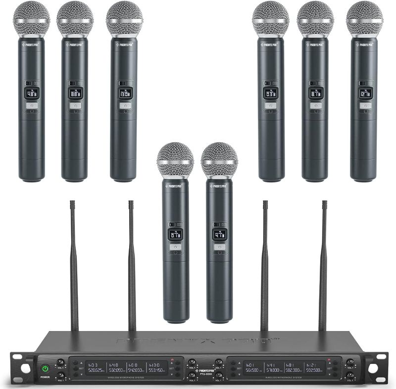 Photo 1 of **USED PRIOR, LIKE NEW** Phenyx Pro Wireless Microphone System, Eight-Channel Wireless Mic, w/ 8 Handheld Dynamic Microphones, Auto Scan,8x40 Adjustable UHF Channels, 328ft, Microphone for Singing,Church, Karaoke(PTU-6000A)
