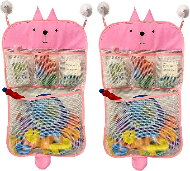 Photo 1 of 2 x Cute Mesh Bag Toy Organizer/Shower Caddy with 8 hooks for Toddler/Baby/Kid Bath Toys and for Multi-use Bedroom/Playroom/Nursery/Daycare Organization (Pink & Pink)
