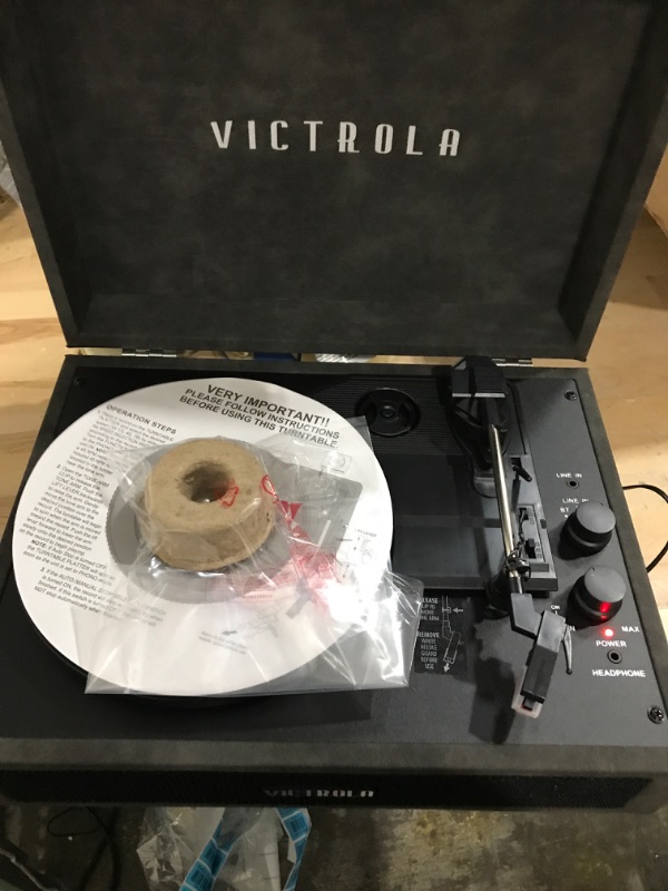 Photo 2 of Victrola Vintage 3-Speed Bluetooth Portable Suitcase Record Player with Built-in Speakers | Upgraded Turntable Audio Sound| Includes Extra Stylus | Lambskin (VSC-580BT-LGR)