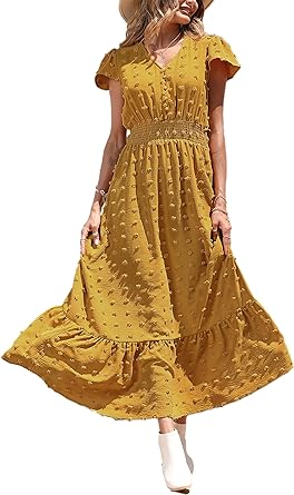 Photo 1 of PRETTYGARDEN Womens Dresses 2023 Boho Dress Short Sleeve V Neck Swiss Dot Ruffle Tiered Maxi Dress Smocked Cocktail Dresses SIZE XXL
 