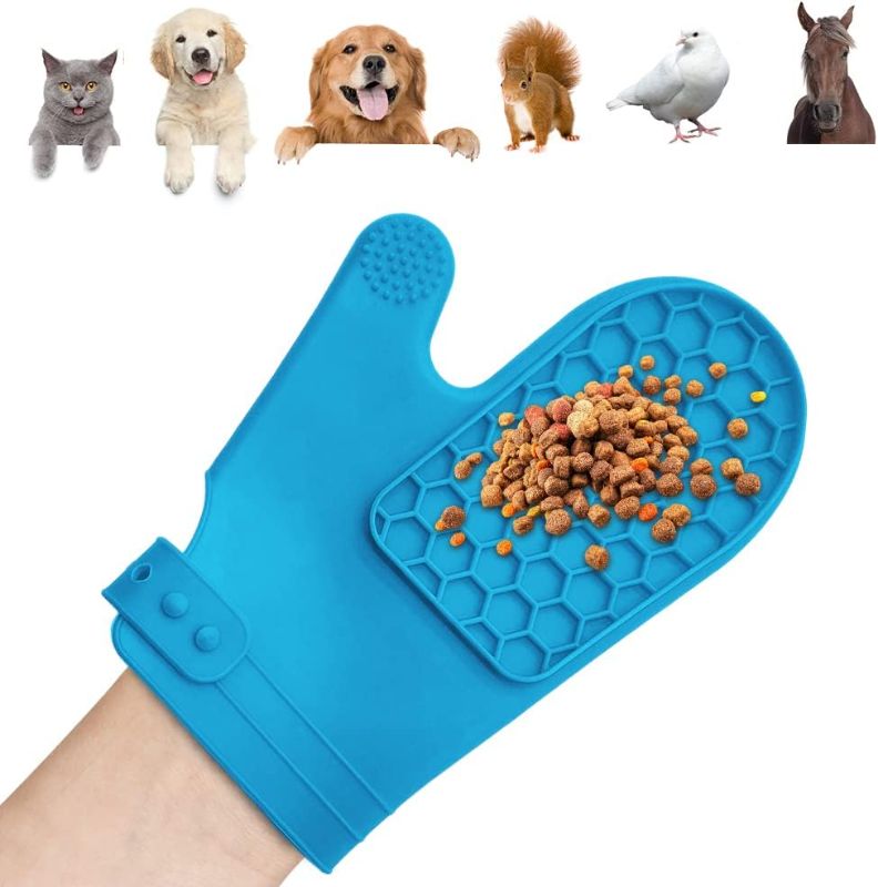Photo 1 of * 2 Gloves* IPETNESE Licking mat for Dog & Cat, Double-Sided Pet Feeding Glove, Perfect for Food/Treats/Yogurt/Peanut Butter,Suitable for Dog/Cat/Bird/Animals Slow Feeding Outdoor&Indoor (Blue)
