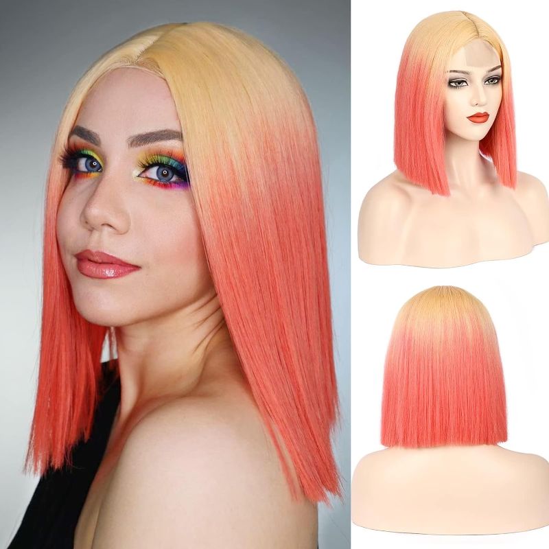 Photo 1 of * 2 WIGS* WECAN Ombre Colored Wig Short Straight Bob Wigs for Women Colorful Wig Middle Part Shoulder Length Synthetic Cosplay Party Wig Colored Wigs for Women Girls
