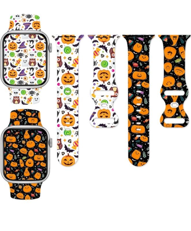 Photo 1 of 2 Pack Halloween Watch Bands Holiday Bands, Halloween Pumpkin Silicone Replacement Bands Wristbands Compatible with All iWatch Series Compatible with Apple Watch 38mm 40mm 41mm 42mm 44mm 45mm