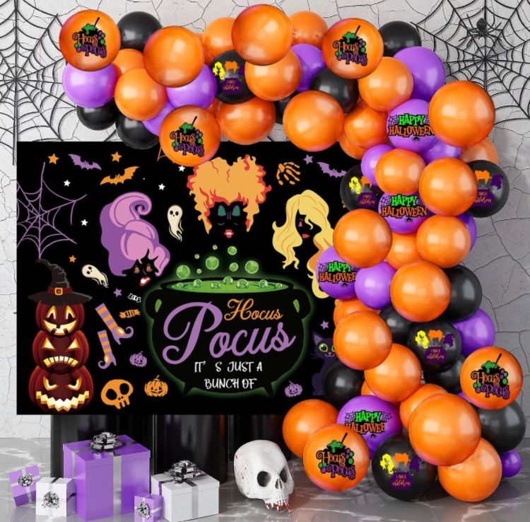 Photo 1 of 2 pack - Hocus Pocus Halloween Party Decorations, Hocus Pocus Party Supplies with Hocus Pocus Backdrop Banner,Balloons for Halloween Hocus Pocus Party Decorations Supplies