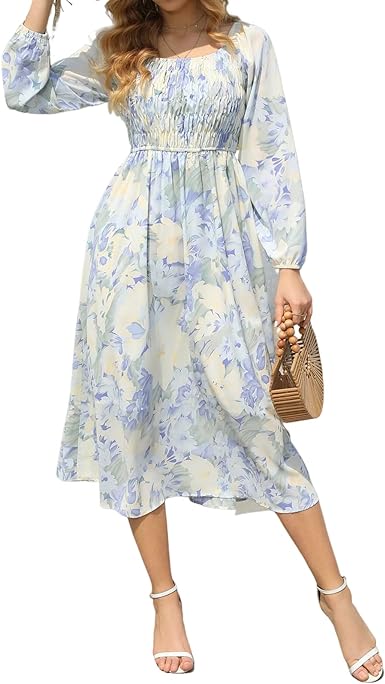 Photo 1 of ARMSCI Women's Boho Floral Dresses Long Sleeve Off Shoulder Square Neck Ruffle Smocked Flowy Maxi Dress SMALL
