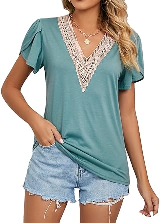 Photo 1 of Aueyan Womens Tops Dressy Casual Summer Short Sleeve V Neck Shirts Trendy Blouses
