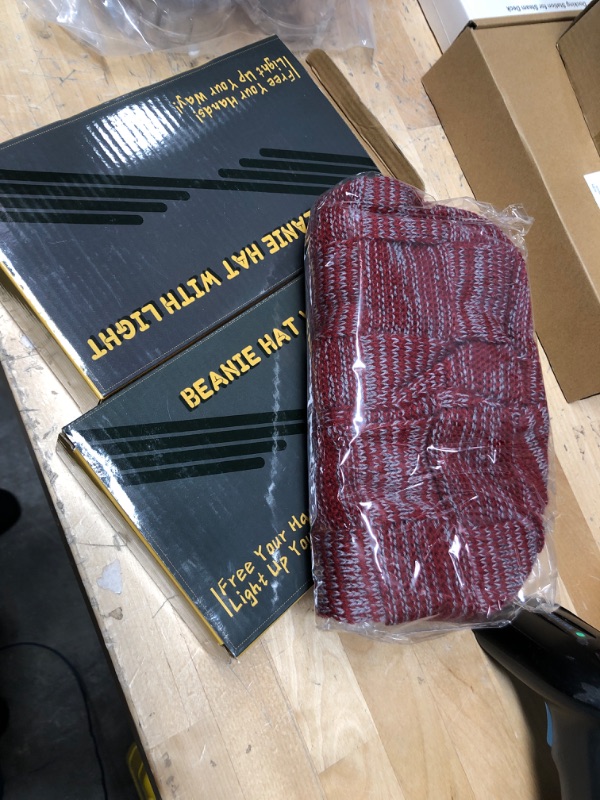 Photo 2 of 2 pack - Unisex LED Beanie Hat with Light, Owl Shape LED Headlamp Hat, USB Rechargeable Beanie with Light, Double Layer Warm Winter Night Lighted Knitted Hat Flashlight, Gifts for Men Woman Dad Him, Claret