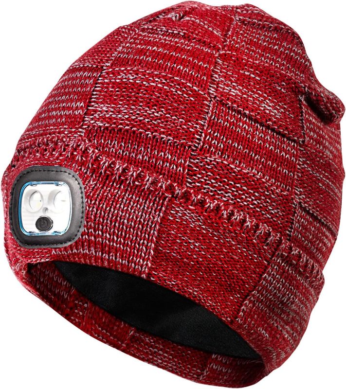 Photo 1 of 2 pack - Unisex LED Beanie Hat with Light, Owl Shape LED Headlamp Hat, USB Rechargeable Beanie with Light, Double Layer Warm Winter Night Lighted Knitted Hat Flashlight, Gifts for Men Woman Dad Him, Claret