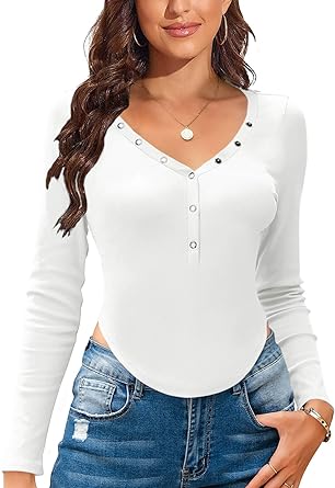 Photo 1 of Imily Bela Womens Long Sleeve Shirts V Neck Crop Tops Button Up Asymmetrical Hem Fitted T-Shirts size xxlarge 