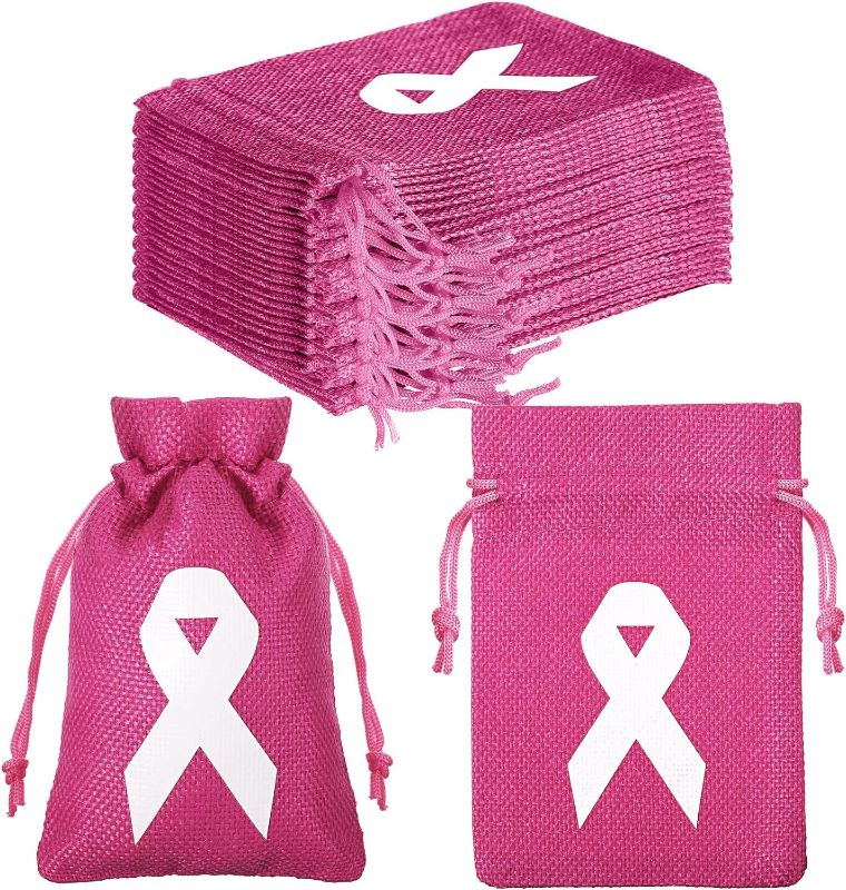 Photo 1 of 24 Pieces Breast Cancer Awareness Linen Burlap Bag, Pink Ribbon Burlap Gift Bags for Kids Party Supply, Pink Ribbon Drawstrings Candy Pouch, Breast Cancer Treat Bags (Rose Red)