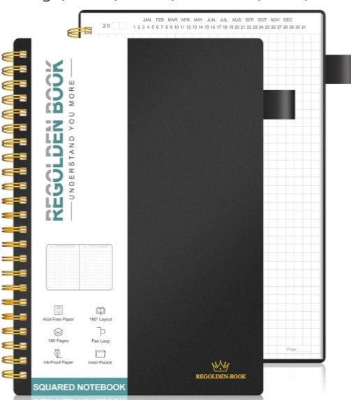 Photo 1 of 2. Regolden-Book Undated Spiral Graph Notebook, Medium A5 Squared Notebook, Engineering Math Grid Journal with Pen Holder 160 Pages 5.5x8.5, for Men & Women School/College/Work/Office/Business (Black)