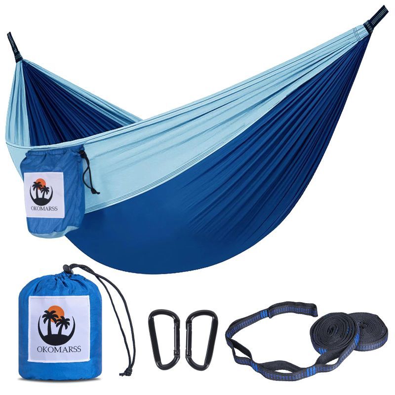 Photo 1 of  Camping Hammock, Portable Single & Double Hammocks with 2 Tree Straps, Hammocks Camping Accessories for Beach, Hiking, Hunting, Backpacking, Backyard, Indoor, Outdoor (Navy & Blue-Single)