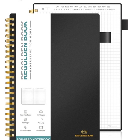 Photo 1 of 2 NOTE BOOK

Regolden-Book Undated Spiral Graph Notebook, Medium A5 Squared Notebook, Engineering Math Grid Journal with Pen Holder 160 Pages 5.5x8.5, for Men & Women School/College/Work/Office/Business (Black