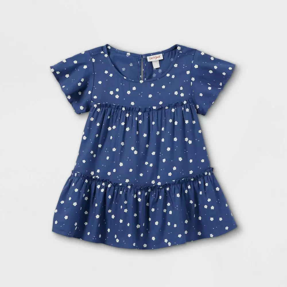 Photo 1 of Girls' Printed Tiered Short Sleeve Woven Top - Cat & Jack Blue XS