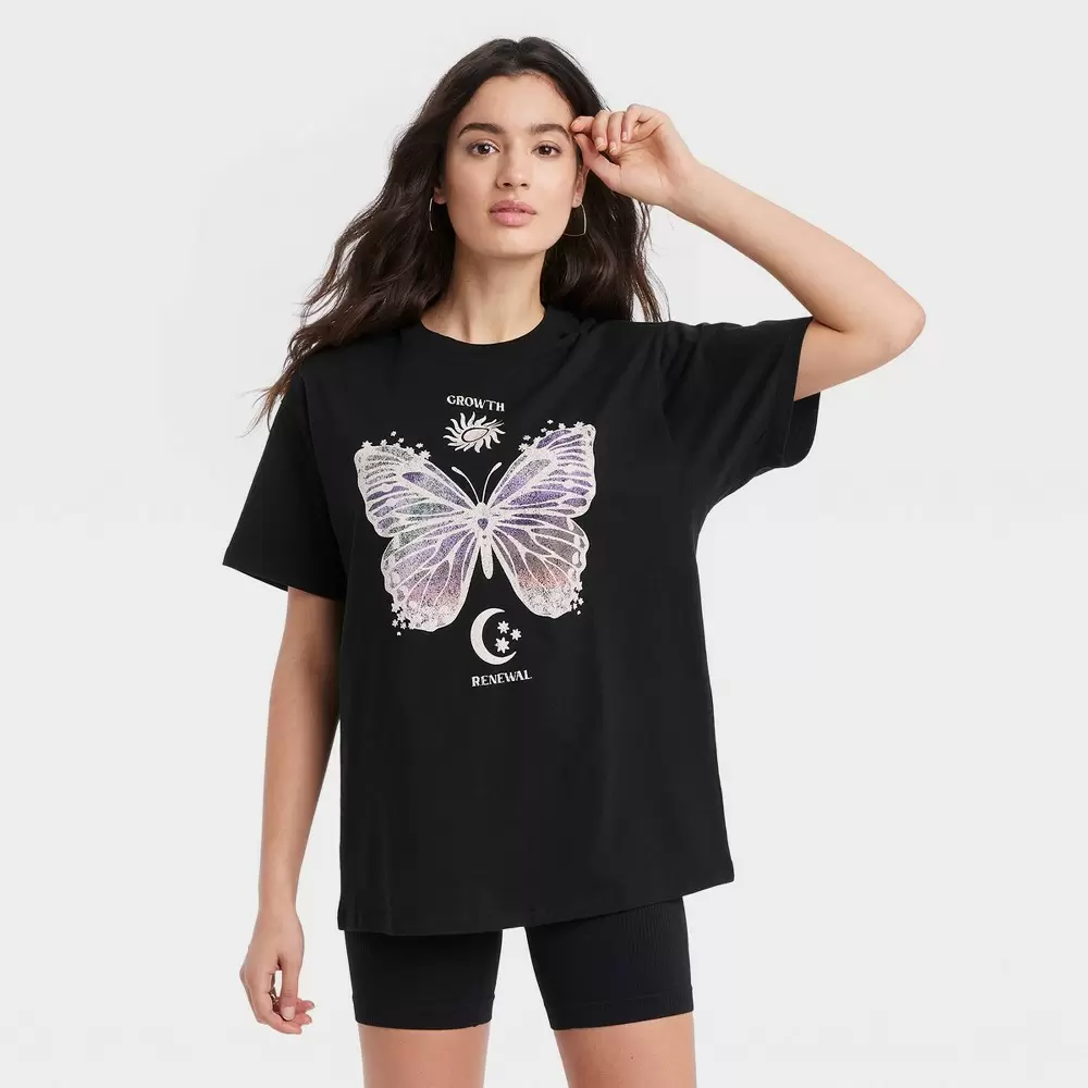 Photo 1 of Women's Mad Engine Butterfly Celestial Oversized Lounge T-Shirt - Black XL 