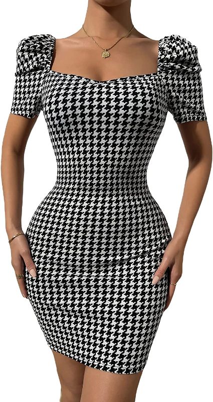 Photo 1 of Floerns Women's Elegant Puff Short Sleeve Sweetheart Neck Bodycon Mini Dress  xs