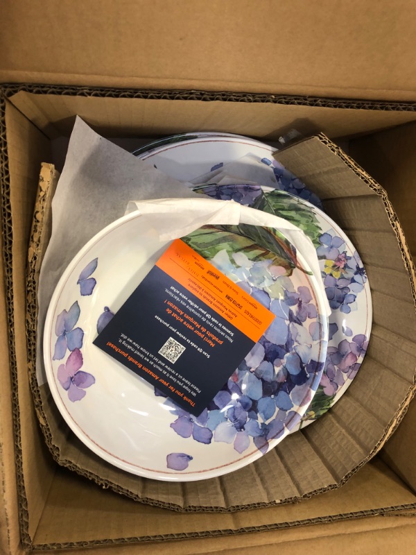 Photo 3 of Amazon Basics Melamine Dinnerware Set, Service for 4, Blue Hydrangea Floral - Set of 12 Blue Hydrangea Floral Dinnerware Set