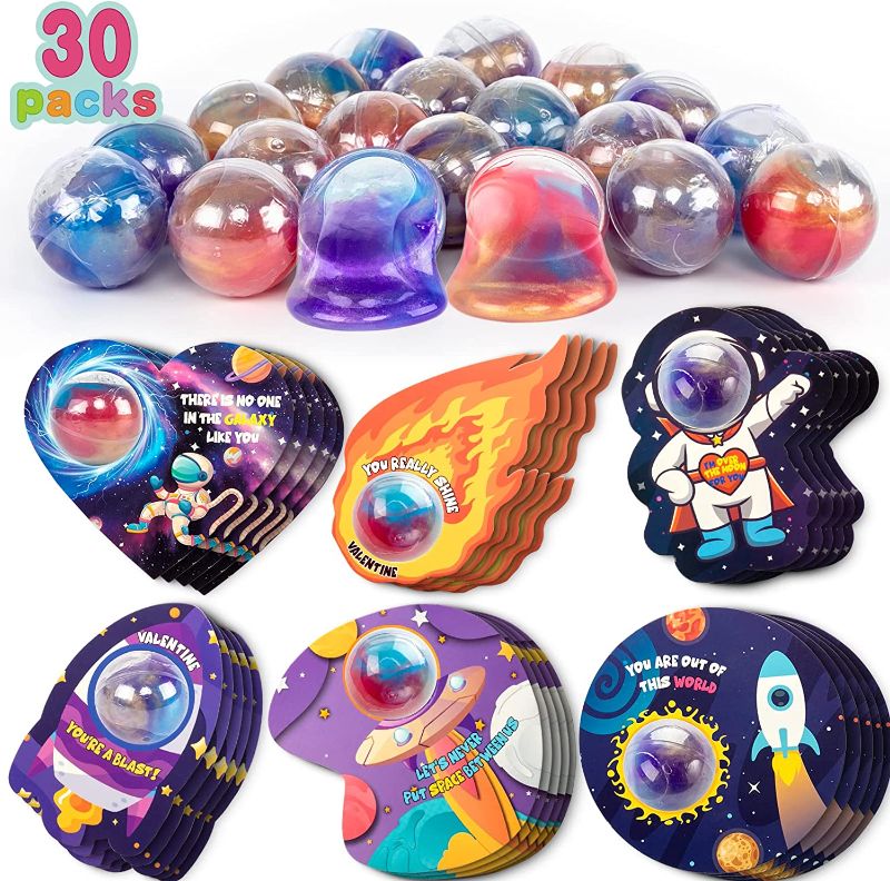 Photo 1 of DAZONGE 30 Set Valentine Day Cards for Kids with Galaxy Slime Balls, Space-themed Valentine Day Gifts for Kids, Valentine’s Greeting Cards for Val