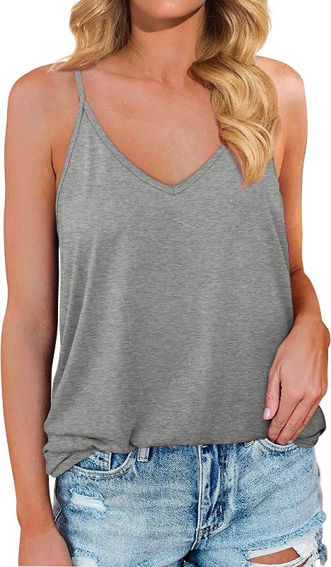 Photo 1 of BLENCOT Women Sleeveless V Neck Tank Top Summer Spaghetti Strap Loose Fit Cami Basic Trendy Shirt Teen Girls Tanks Light Grey M