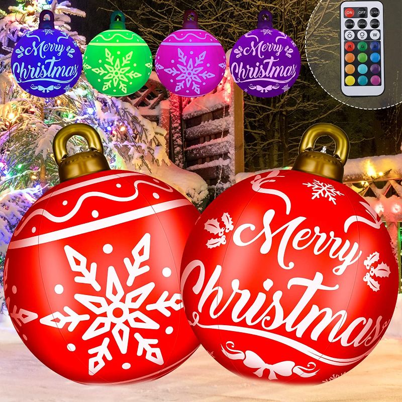 Photo 1 of 2 Pcs 24 Inch Light up PVC Inflatable Christmas Ball Xmas Blow up Ball Decorations Xmas Giant Inflatable Decorated Ball Christmas Inflatables Toys for Yard Lawn Porch Tree (Snowflake Style, 2 Pcs)