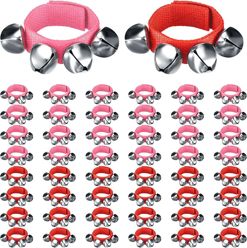 Photo 1 of 50 Pcs Wrist Band Jingle Bells Bracelets Musical Instruments Gift Hand Percussion Wrist Bells Wrist Shaking Music Bells for Party Decoration Favors, Red and Pink