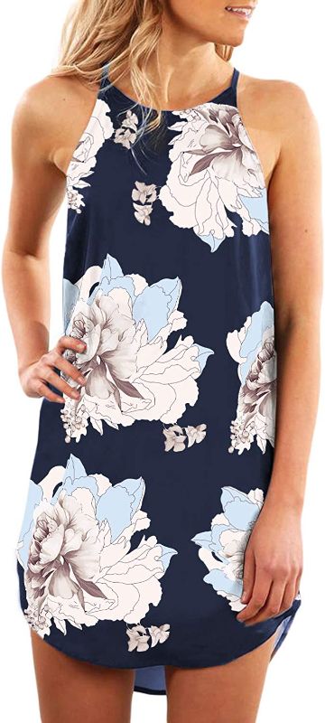 Photo 1 of Asvivid Womens Tropical Floral Casual Dresses for Women Halter Summer Beach Dress Palm Leaf Sleeveless Hawaii Dress L Navy