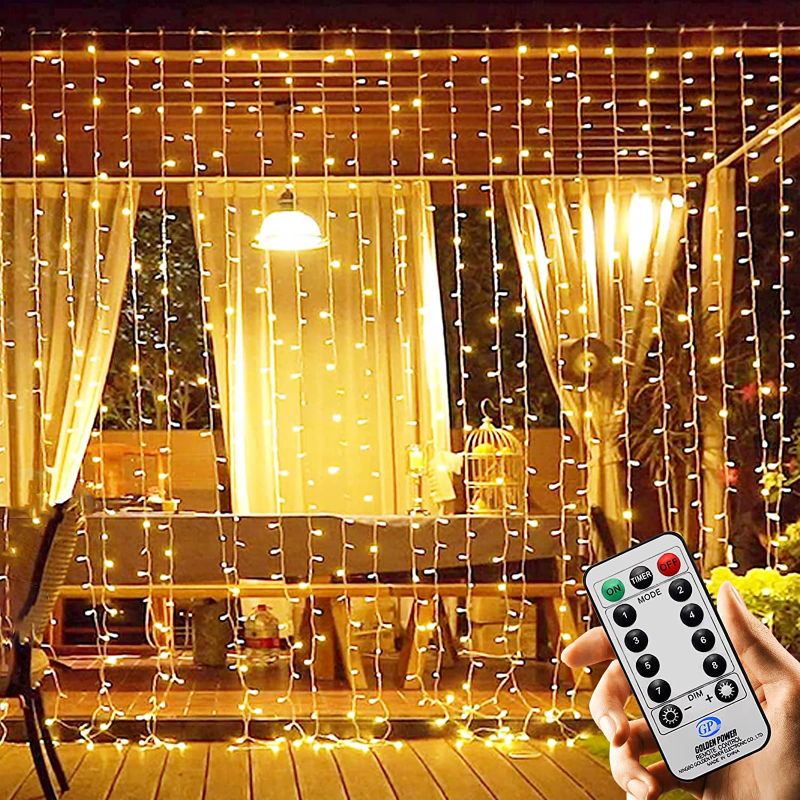 Photo 1 of 200 LED Curtain String Lights, 6.56x6.56FT USB Powered Fairy String Hanging Lights with Remote 8 Light Modes Backdrop Lights for Wedding/Indoor/Outdoor/Bedroom/Window/Wall/Party/Christmas Decorations