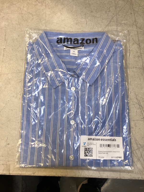 Photo 2 of Amazon Essentials Women's Classic-Fit 3/4 Sleeve Poplin Shirt XX-Large Blue, Stripe