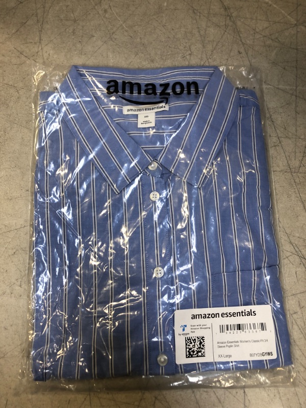 Photo 2 of Amazon Essentials Women's Classic-Fit 3/4 Sleeve Poplin Shirt XX-Large Blue, Stripe
