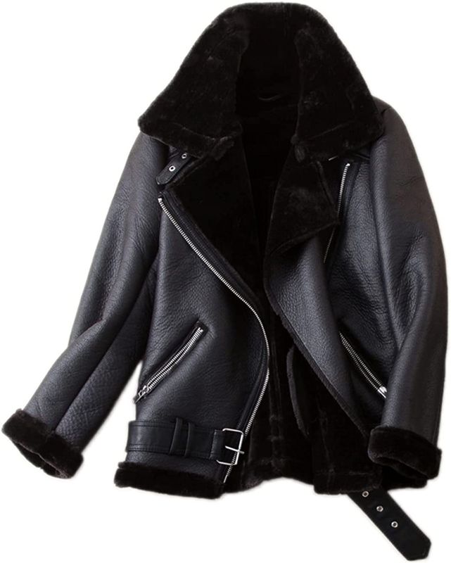 Photo 1 of Women's Faux Shearing Moto Jacket Thick Lined Parka Winter Shearling Coat Leather Jacket, SIZE L