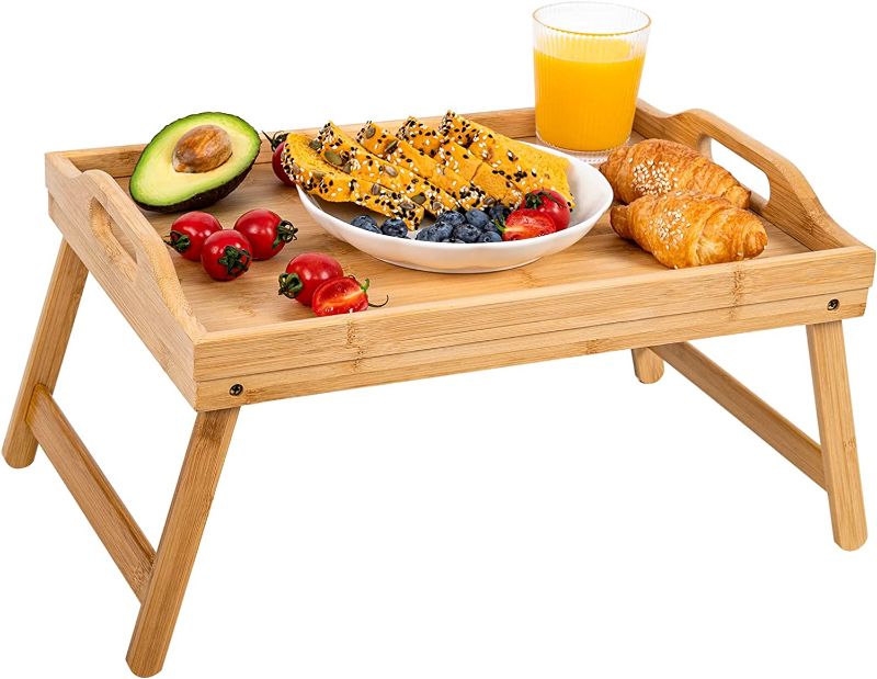 Photo 1 of Bamboo Bed Tray, Large Breakfast Tray with Folding Legs Serving Tray with Carrying Handles Portable Lap Tray Lightweight Decorative Tray Food Tray for Breakfast in Bed,Reading or Working (20 Inch).
