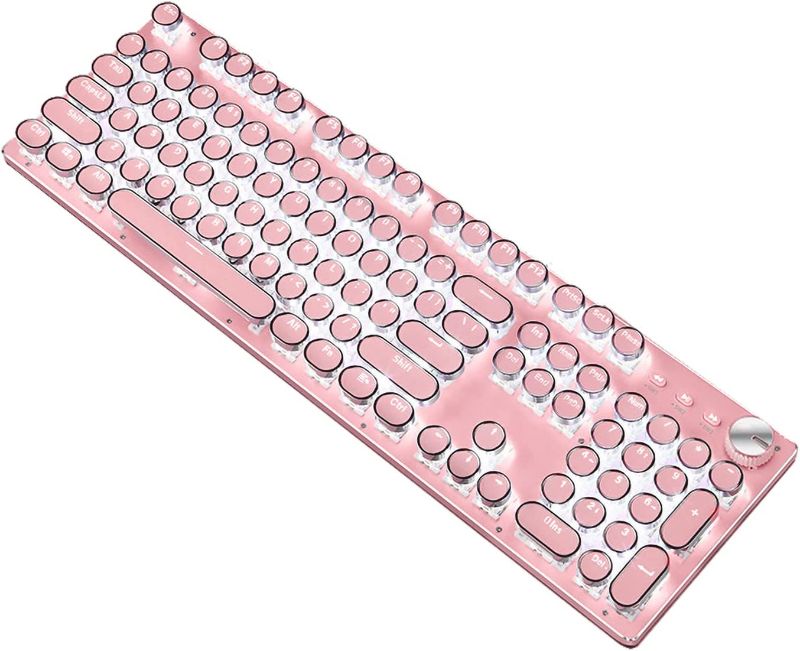 Photo 1 of TISHLED Pink Typewriter Style Mechanical Gaming Keyboard White LED Backlit, 104-Key Anti-Ghosting Blue Switch Retro Steampunk Round Keycap Multifunction Knob Metal Panel Wired USB for PC, Mac, Laptop
