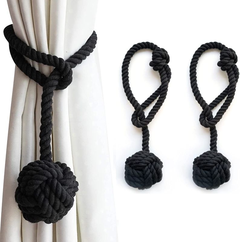 Photo 1 of 2 Pack Outdoor Curtain Tiebacks Rope, Natural Cotton Curtain Rope Tiebacks, Drapery Holdbacks for Thin Sheer Curtains, Rustic Village Boho Decorative Nautical Curtain Ties, Black
