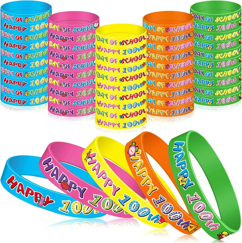 Photo 1 of 200 Pieces 100 Days of School Silicone Bracelets Colorful 100th Day of School Bracelets Colorful Silicone Wristbands Happy 100th Day of School Rubber Bracelets for Kids Children Gift
