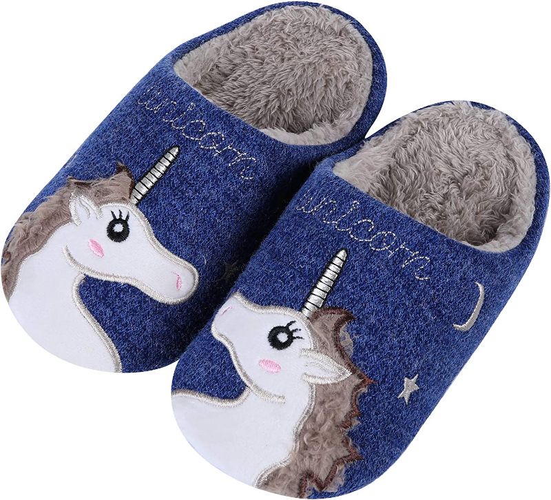 Photo 1 of Beslip Girl's Cute Unicorn House Slippers Memory Foam Indoor Slippers Comfy Fuzzy Knitted Slip On Slippers with Anti-Slip Rubber Sole