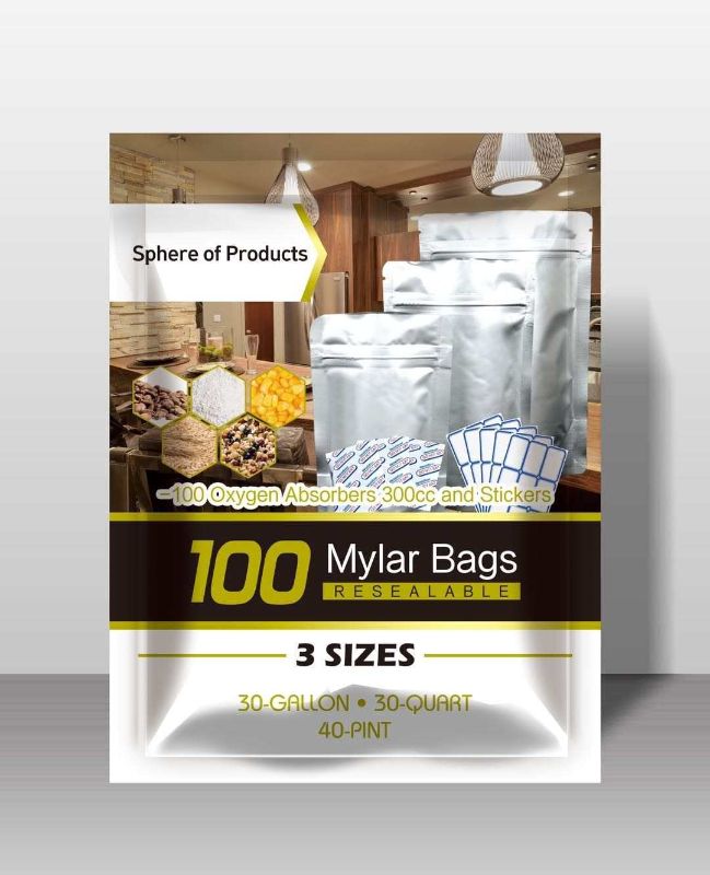 Photo 1 of 100pcs Mylar Bags for Food Storage with Oxygen Absorbers 300cc (10*10 Packs) and Labels, 10"x14" (30) 7"x10" (30) 5"x7" (40) Stand-Up Zipper Pouches Resealable and Heat Sealable for Long Term Storage
