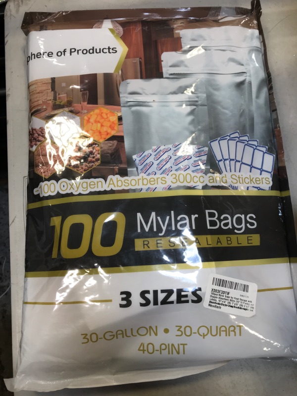 Photo 2 of 100pcs Mylar Bags for Food Storage with Oxygen Absorbers 300cc (10*10 Packs) and Labels, 10"x14" (30) 7"x10" (30) 5"x7" (40) Stand-Up Zipper Pouches Resealable and Heat Sealable for Long Term Storage
