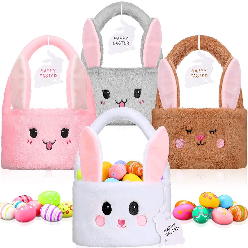 Photo 1 of 4 Pieces Easter Fluffy Bunny Baskets Easter Baskets Plush Bunny Candy Bucket with Foldable Ears and Rabbit Ornament Toy Storage for Girls Boys Teens Gift(White, Grey, Pink, Brown)
