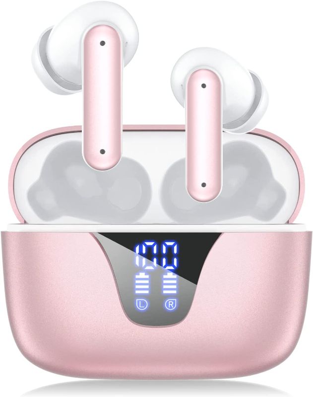 Photo 1 of Wireless Earbuds, Bluetooth 5.3 Headphones 50H Playtime with LED Digital Display Charging Case, IPX5 Waterproof Earphones with Mic for Android iOS Cell Phone Computer Laptop Sports (Pink)