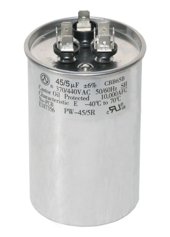 Photo 1 of PowerWell 45+5 MFD 45/5 uf 370 or 440 Volt Dual Run Round Capacitor PW-45/5/R for Condenser Straight Cool or Heat Pump Air Conditioner - Guaranteed to Last...
