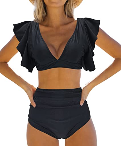 Photo 1 of Binlowis High Waist Flounce Bikini Set Women Front Knot Side Bandage Two Piece Swimsuit Beachwear
