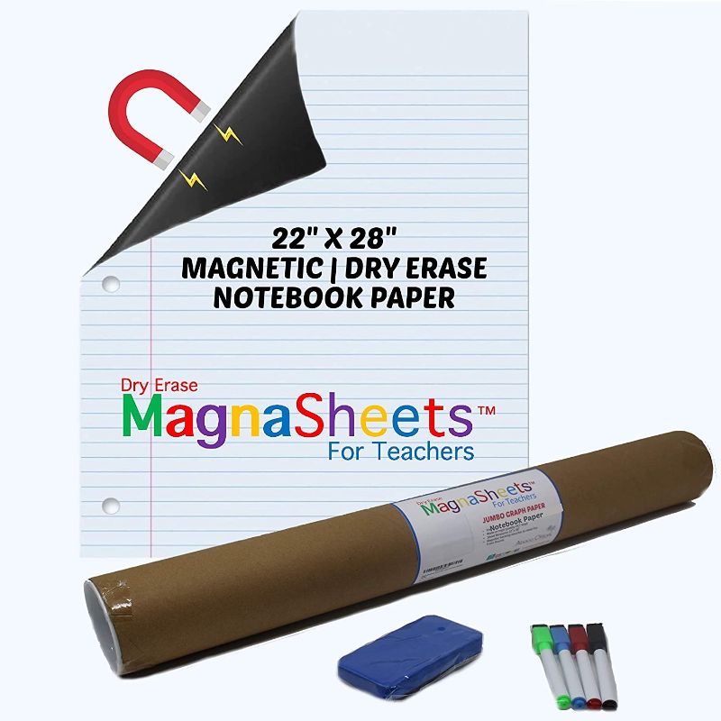 Photo 1 of MagnaSheets Magnetic Notebook Paper 22"W x 28"H | 1 Eraser, 4 Markers, 1 Dry Erase Magnetic Writing Page | Teacher, Classroom, Lakeshore, Created as Teacher Resources, Learning, Teaching Supplies