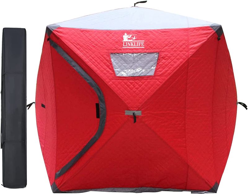 Photo 1 of 2-3 People Ice Fishing Shelter - LINKLIFE Outdoor Pop Up Ice Fishing Tent with 4 Detachable Ventilation Windows, 3-Layer Fabric, Coldproof Snowproof Windproof Waterproof Oxford Fabric (Red)