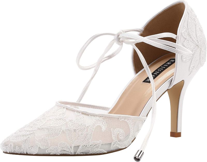Photo 1 of ERIJUNOR Ivory Lace Mesh Satin Bridal Wedding Shoes for Women Comfortable Mid Heel Tie Up Ankle Strap Pointy Toe Pumps