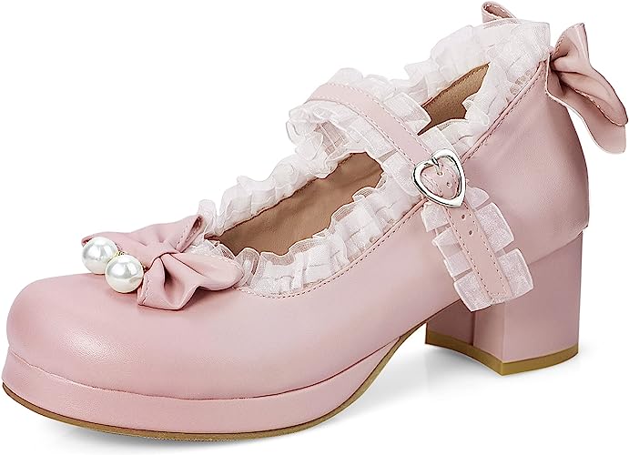 Photo 1 of Elerhythm Women's Mary Jane Platform Chunky Block Heels Cute Cosplay Kawaii Bow Lace Dresses Cross-Tied Round Toe Ankle Strap Shoes