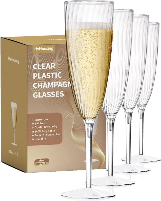 Photo 1 of HyHousing 48 Plastic Champagne Flutes, Clear Disposable Plastic Champagne Glasses Reusable Wine Cocktail Cups for Home Daily Life Party Wedding Toasting Drinking Birthday(6 oz)
