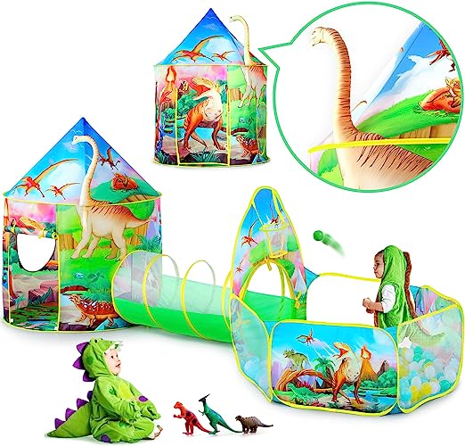 Photo 1 of GeerWest 3PC Dinosaur Tent for Girls with Kids Ball Pit, Kids Play Tents and Crawl Tunnel for Toddlers, Pink Pop Up Playhouse Toys for Baby Indoor& Outdoor Tent Games, Birthday Kid’s Gifts